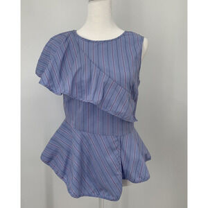 PARKER Size Small Carly Blue Striped Poplin Peplum Top Blouse ruffle detail